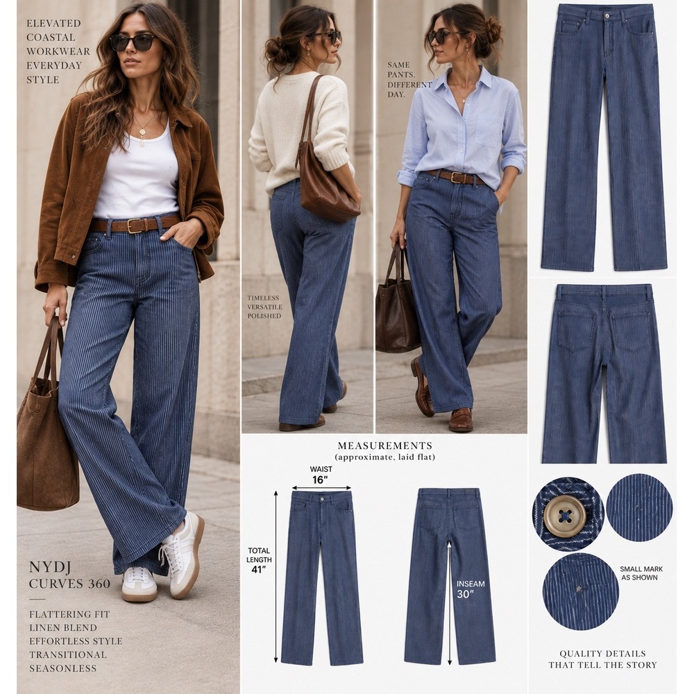 NYDJ Curves 360 Size 6 Blue Pinstripe Linen Blend Wide Leg Pants Coastal Preppy